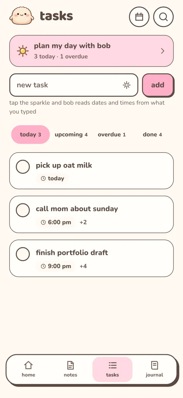 the tasks screen with today's tasks